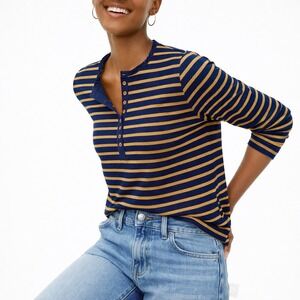 J.Crew Striped Ruffle Trim Henley Long Sleeve Top Navy Blue Tan Women's  Large